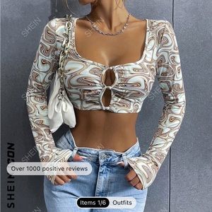 Multicolor Long Sleeve Crop Top SHEIN